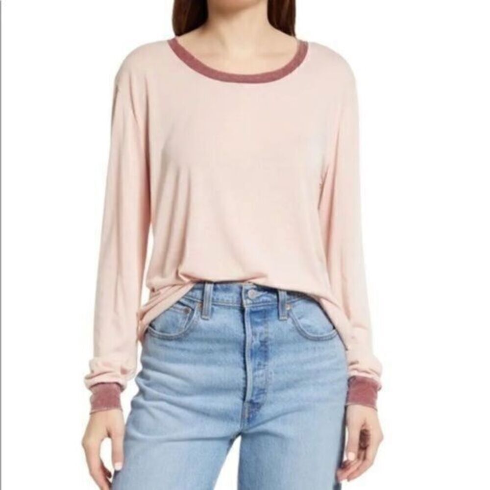 Treasure and Bond Long Sleeve Ringer Tee Small Pink Red